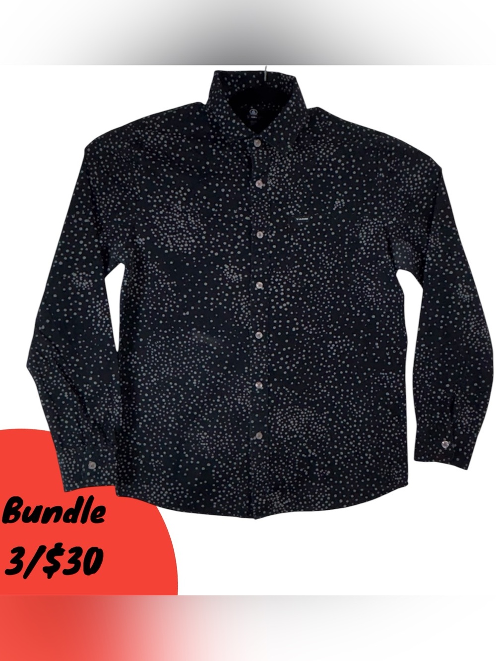 Volcom Black Button-Down Dress Shirt with White Dot Print Business Casual Mens